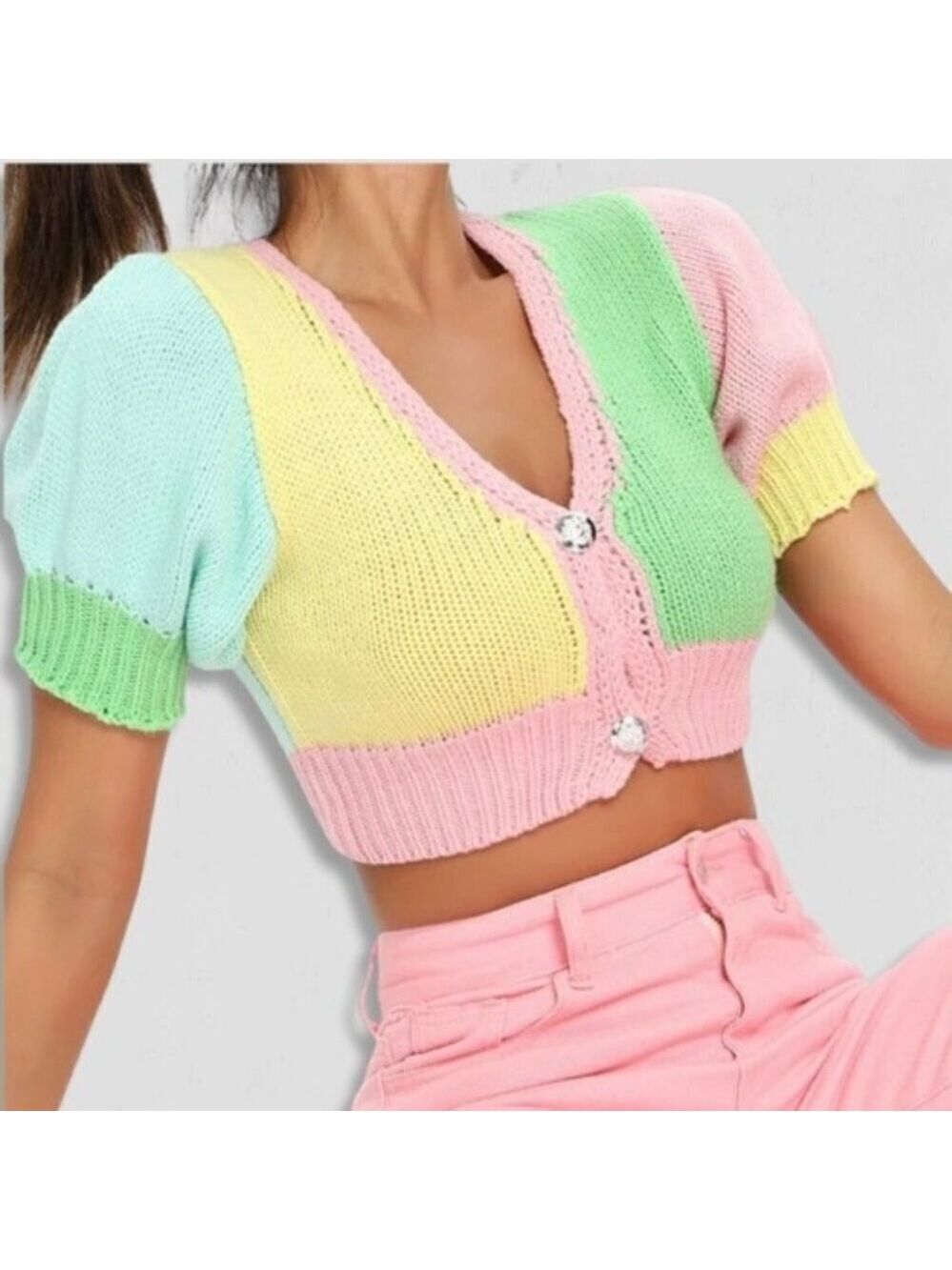 Jarinya Knit Color Block Cropped Top Small